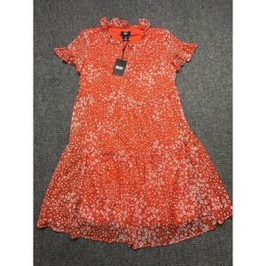 DKNY‎ Dress Womens 4 Orange Floral Chiffon High Neck Flutter Sleeve Ruffle Hem